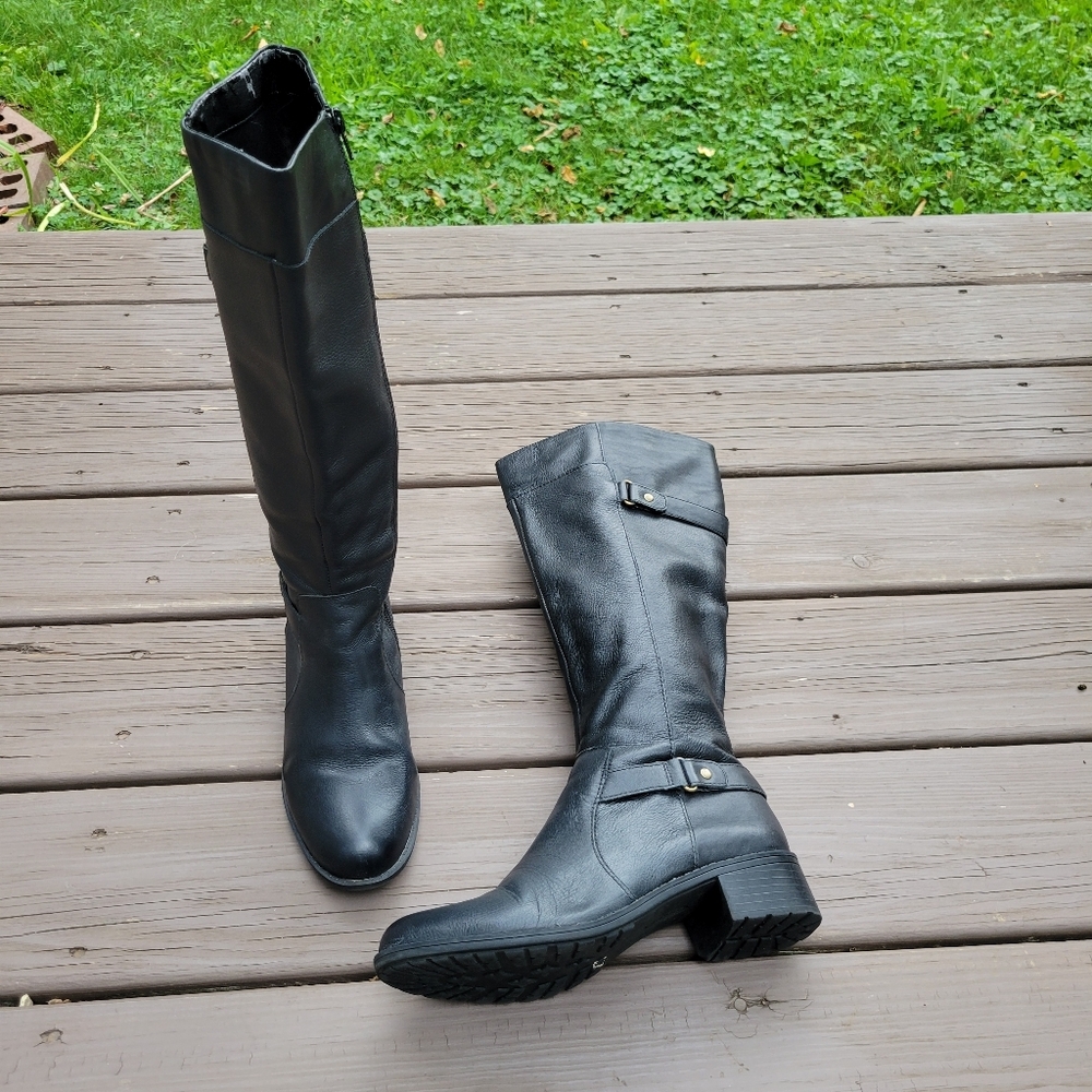 Vintage 90s y2k Bratz Black Leather Chunky Block‎ Heel Equestrian Tall Boots 8